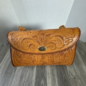 Hand Tooled Leather Floral Satchel Handbag Brown Floral Embossed Leather Purse